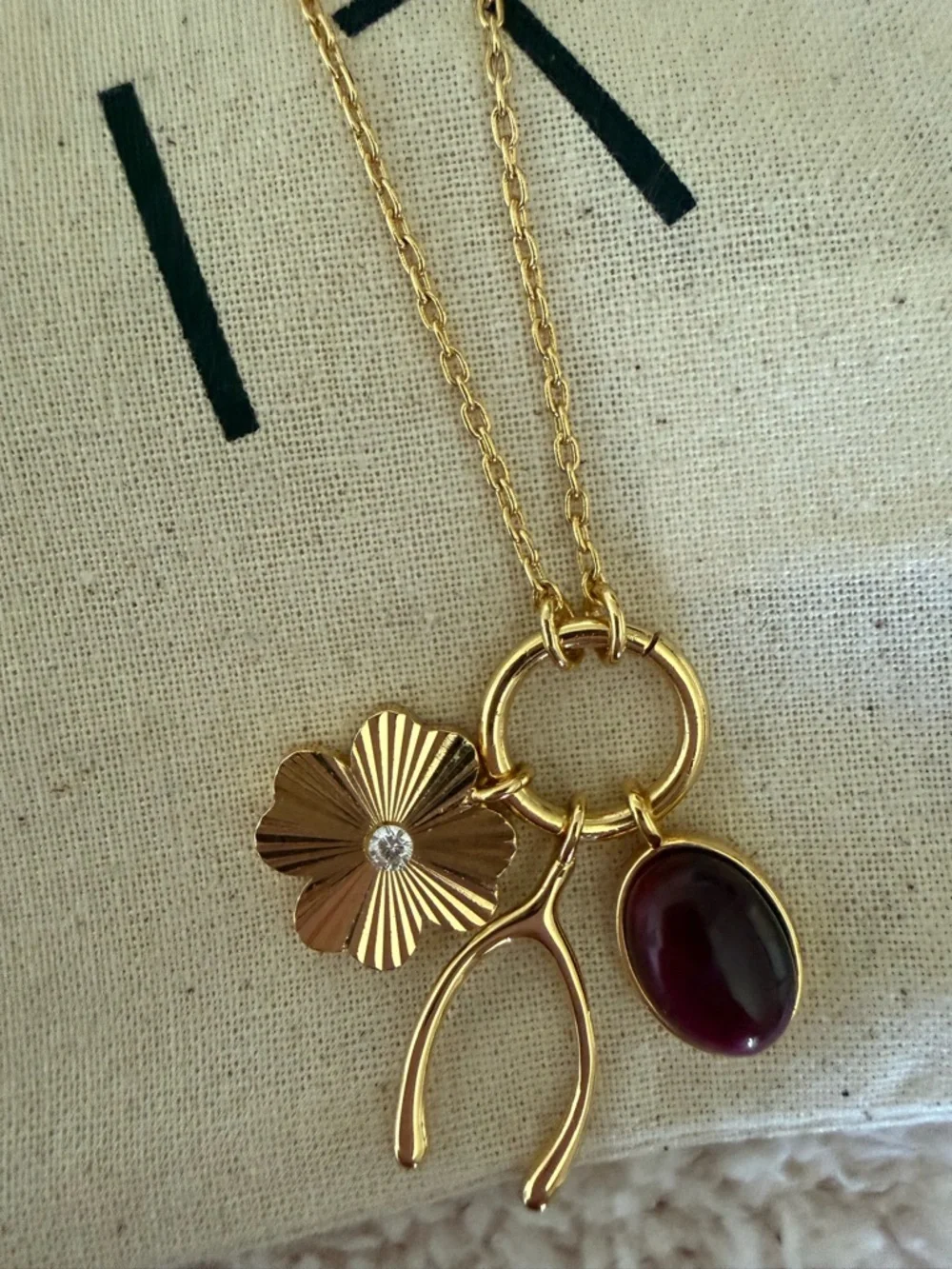 Madewell Gold Floral Charm Necklace with Deep Red Stone - Picture 2 of 5